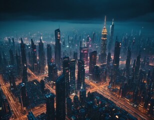 Naklejka premium futuristic rendering city megacity cyberpunk scifi 3D illustration. Ai generated image 