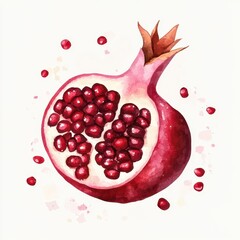 Pomegranate illustration flat design, top view, winter theme, watercolor, Complementary Color Scheme