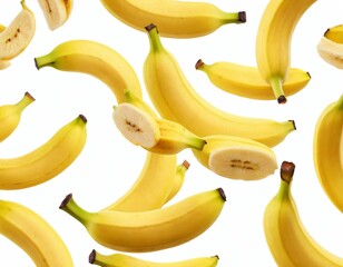 Flying delicious banana slices, isolated on white background. Ai generated image 