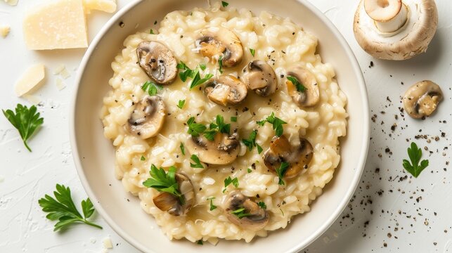 A bowl of mushroom risotto with parsley and cheese