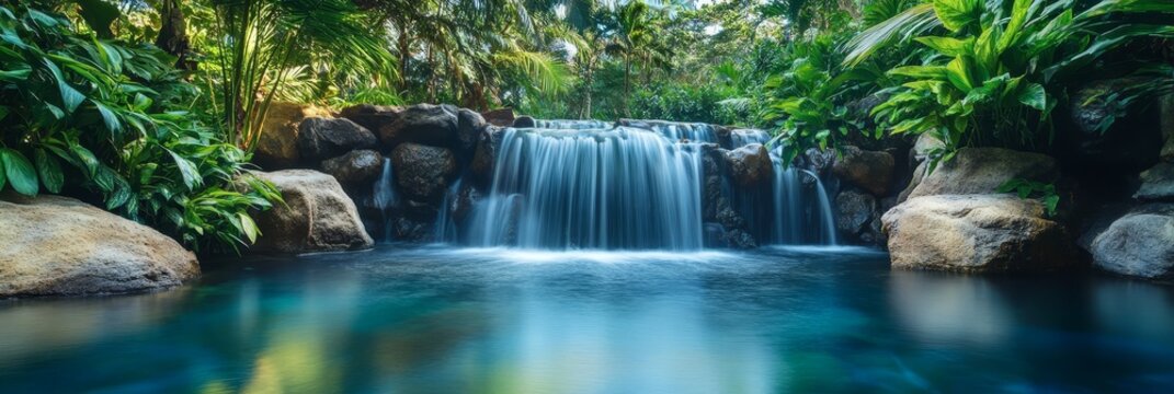 Tranquil Waterfall Oasis in Lush Tropical Paradise - A serene waterfall cascades into a crystal-clear pool surrounded by vibrant tropical foliage, evoking a sense of peace and tranquility. The cascadi