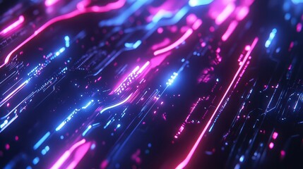 Fototapeta premium Neon cyber pulse with radiant lines and electronic elements, creating a sleek and dynamic visual effect.