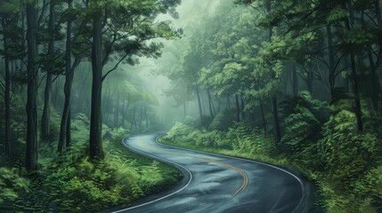Obraz premium A winding road in a forest with trees on both sides