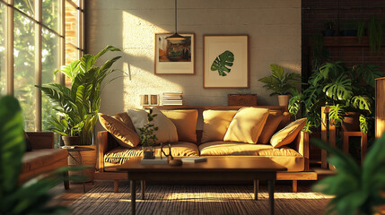 Cozy Living Room with Warm Natural Lighting and Wooden Furniture