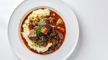 A plate of beef stew with mashed potatoes and carrots