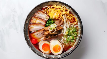 A bowl of ramen with meat, eggs, and vegetables