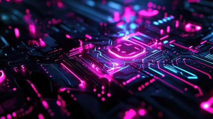 Obraz premium Futuristic cyber pulse with neon accents and high-tech patterns, set against a deep black background.