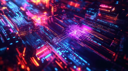 Fototapeta premium Futuristic cyber pulse with neon accents and high-tech patterns, set against a deep black background.