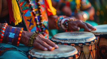 Powwow drum circle, Psychedelic, Vivid, 3D, Showcasing cultural rhythm and tradition