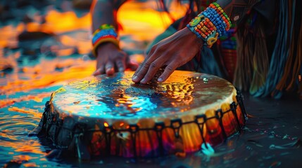 Obraz premium Powwow drum circle, Psychedelic, Vivid, 3D, Showcasing cultural rhythm and tradition