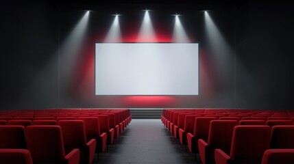 Obraz premium Modern Auditorium with Red Seats and Large Projection Screen Under Dramatic Lighting