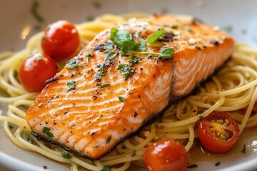 A photo of a seared salmon fillet with pasta and cherry tomatoes, beautifully presented on a plate. 