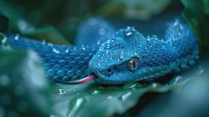 A close-up, detailed photograph of an azure serpent resting on a bed of emerald-green leaves, with dew drops on its scales reflecting soft morning light