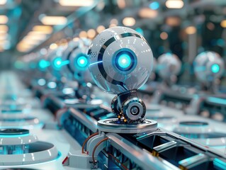 Fototapeta premium Robotic assembly line, Cyberpunk, Cool, 3D, Emphasizing automation in manufacturing