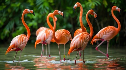 Fototapeta premium Flamingos gather in vibrant flocks, wading in shallow waters and feeding on brine shrimp.