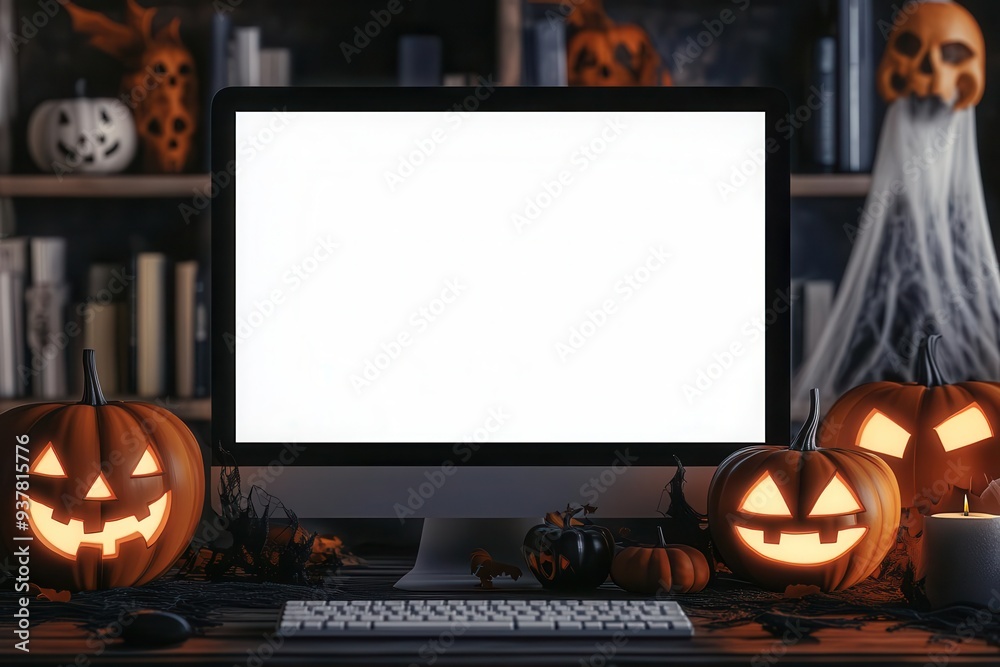 Wall mural spooky halloween-themed office desk with a computer monitor surrounded by carved pumpkins and eerie 