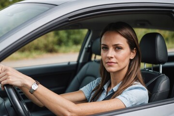 Naklejka premium Portrait of Woman driving a car