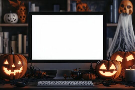 Spooky Halloween-themed office desk with a computer monitor surrounded by carved pumpkins and eerie decorations at night.