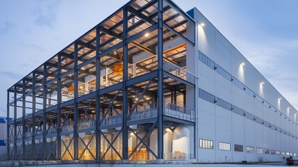 A modern logistics warehouse building with a steel structure. The building has multiple levels and is illuminated from within.