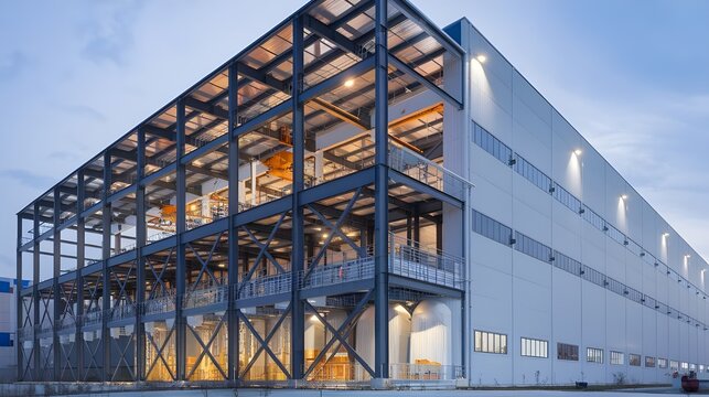 A modern logistics warehouse building with a steel structure. The building has multiple levels and is illuminated from within.