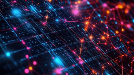 Fototapeta premium Cyber pulse effect with vibrant, intersecting lines and glowing nodes on a dark, digital grid backdrop.