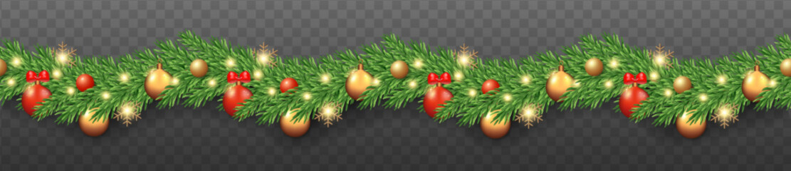 Border with spruce branches, snowflakes, lights, gold and red balls. Christmas seamless banner. Realistic Christmas tree garland. Vector 3D illustration on transparent background