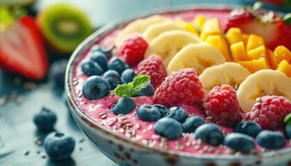 Smoothie bowl with fresh fruit toppings, Fantasy, Vibrant, Watercolor, Emphasizing health and freshness