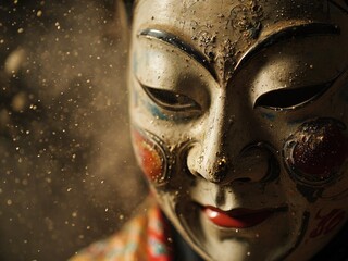 A traditional Chinese opera mask with intricate details and faded paint, dusted with a soft glow of light. The mask is a symbol of theatrical performance and cultural heritage.