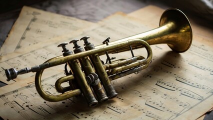 Obraz premium Aged Trumpet on Classic Music Sheet
