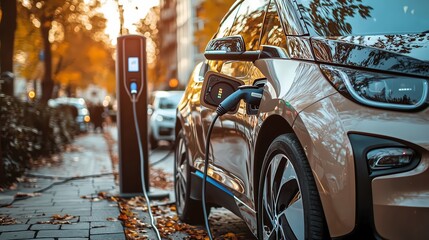 Electric car charging at a charging station.