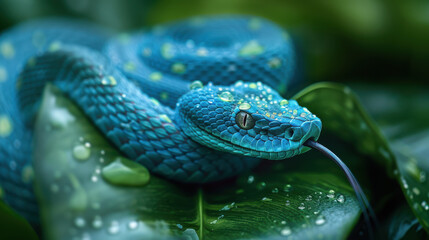 Fototapeta premium A close-up, detailed photograph of an azure serpent resting on a bed of emerald-green leaves, with dew drops on its scales reflecting soft morning light