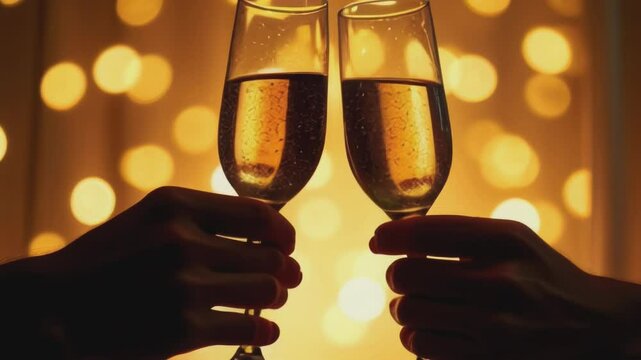 Two champagne glasses clink together in a celebratory toast, illuminated by warm, golden lights in the background. Festive and joyful atmosphere, perfect for celebrations and special moments.