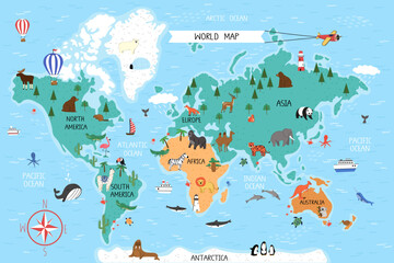Fun world map with continents, animals, ships, hot air balloons and airplane.