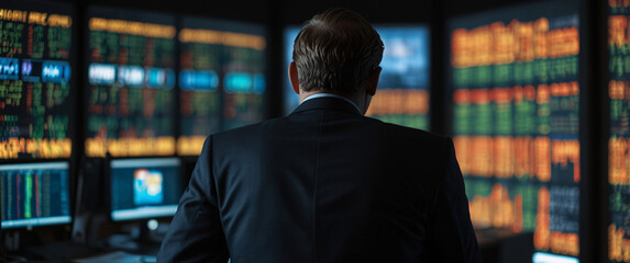 Fototapeta premium shadowy world of buying stocks with a mesmerizing depiction of an businessman, their back presented in a half-turn, wearing suits in an office, seated in front of a commanding monitor, engrossed