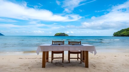Fototapeta premium A wooden table with a white tablecloth. The table is placed on the sand near the sea. There are a few chairs around the table.
