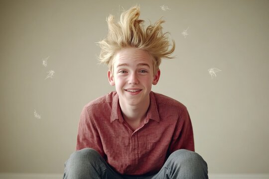 A young man with his hair standing on end radiating joyful energy symbolizing the boundless enthusiasm dynamic creativity and unrestrained joy of youthful exuberance and innovation