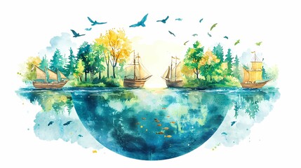 A serene watercolor depiction of ships sailing in a tranquil landscape, showcasing nature's beauty with trees, water, and birds.