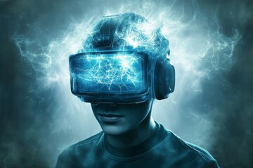 A young man wearing a virtual reality headset immersed in a digital world symbolizing the convergence of technology and imagination and the limitless potential of immersive experiences