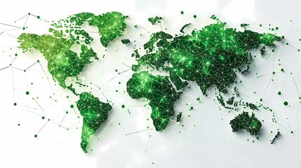 A vibrant green world map illustrating connectivity and environmental awareness in a modern digital style.