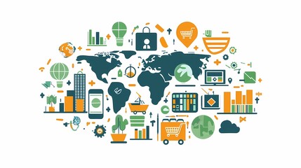 Colorful illustration of global business concepts showcasing charts, icons, and symbols related to commerce and technology.