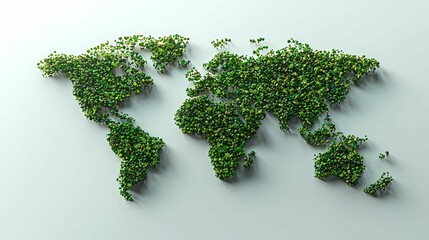 A creative representation of the world map made from vibrant green leaves, symbolizing nature and environmental awareness.