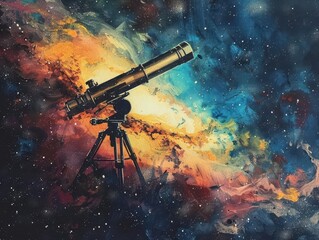 Fototapeta premium Telescope observing nebula, Vintage, Dark, Watercolor, Emphasizing cosmic beauty