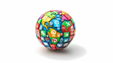 A colorful globe covered with various social media and app icons, symbolizing global connectivity and digital interaction.