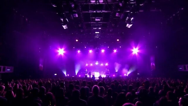 Concert dancing crowd in front of bright stage lights purple , A live event, such as a concert or halftime show, taking place at a sports stadium