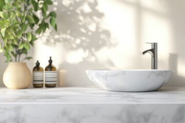 Fototapeta premium Copy space above white marble bathroom counter. 3D rendering with blurred background with generative ai