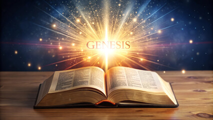 bible book of genesis, illumination forming the name of the book, illustration, AI generated