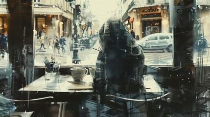 Naklejka premium Urban sketching in a cafe, Vintage, Monochromatic, Sketch, Capturing city life
