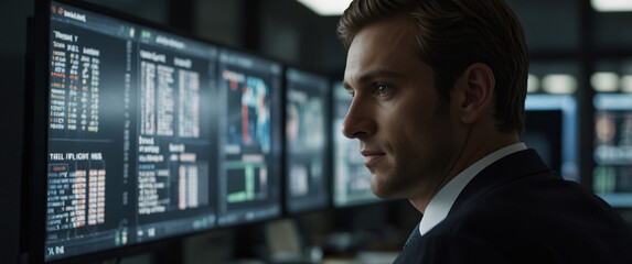 Fototapeta premium shadowy world of buying stocks with a mesmerizing depiction of an businessman, their back presented in a half-turn, wearing suits in an office, seated in front of a commanding monitor, engrossed