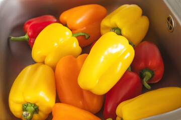 Bright yellow, orange, and red bell peppers in metallic sink, emphasizing fresh, seasonal vegetables and importance of mindful eating. Vitamin C rich product. Concept of healthy food