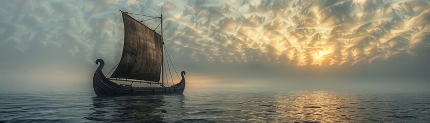 Naklejka premium Viking longship on the ocean, Steampunk, Dark, 3D, Emphasizing historical adventure and seafaring